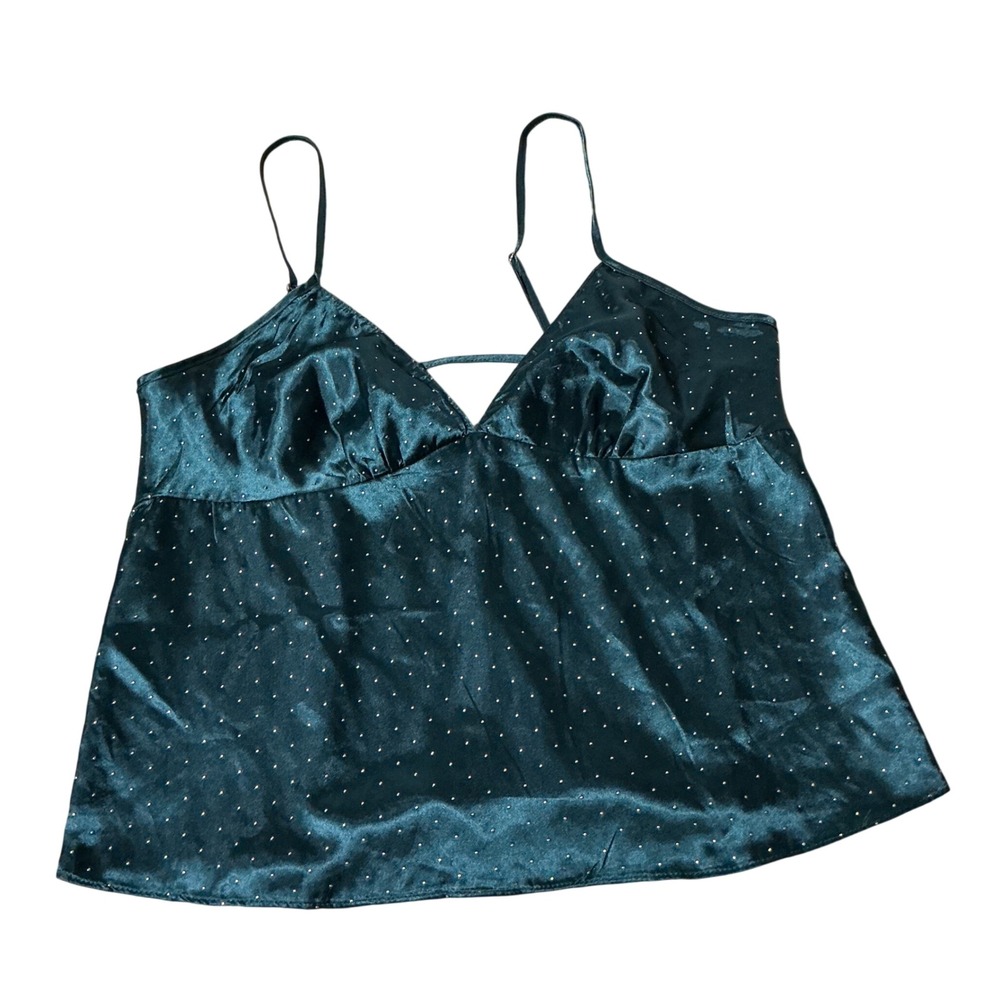 Linea Donatella Pin Dot Satin Babydoll Camisole Women M Green Back V-Neck DWD045